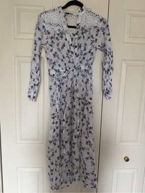 Sandro White Maxi Dress with Blue Floral Print and Lace Yoke